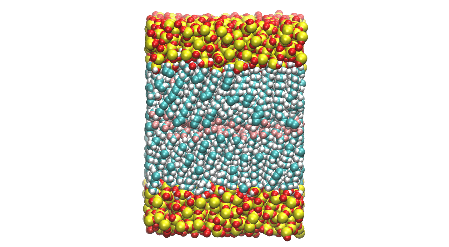 MD simulation of two monolayer-coated surfaces shearing against each other