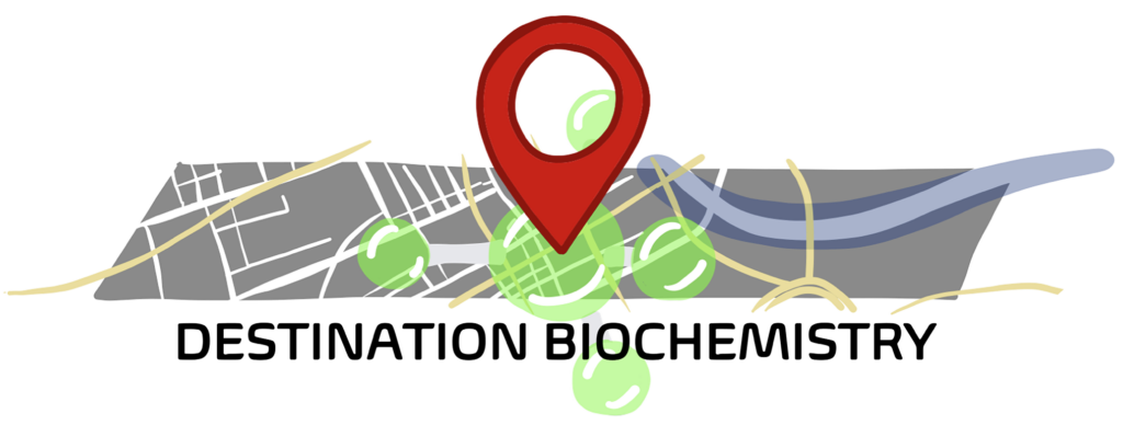 Destination Biochemistry logo showing a gray shape in the background that is roughly the shape of the State of Tennessee with white, yellow, and blue markings over it simulating roads, highways, and waterways. Over where Nashville would be located is a red “location” arrow (an inverted teardrop with a hole) sitting on top of a molecule made up of translucent green bubbles and gray sticks.