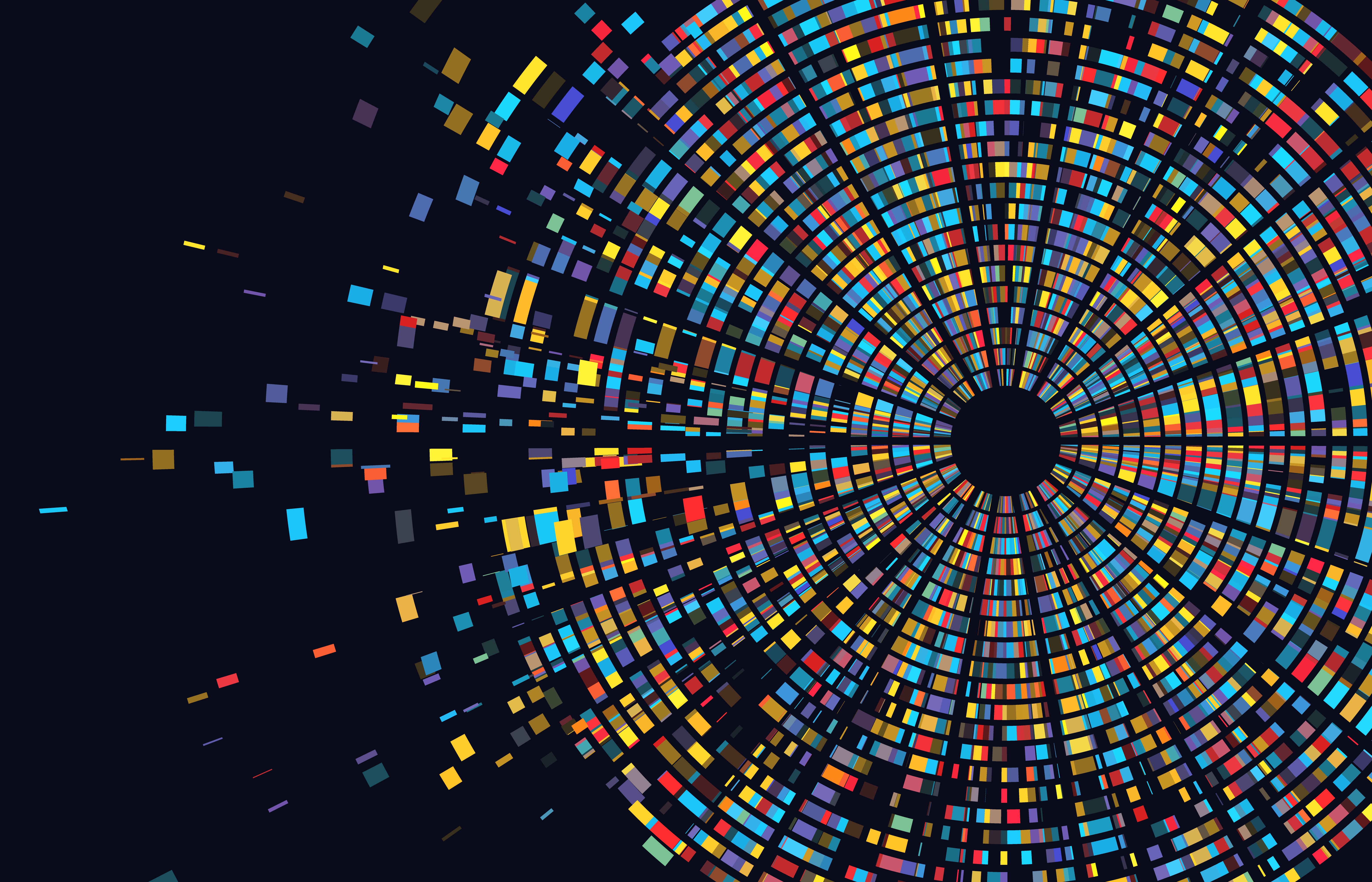A series of colorful bars that collectively create concentric circles. The overall circular shape is broken up in 