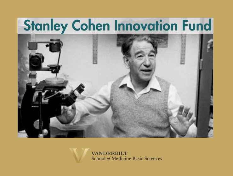 Golden graphic showing a black and white image of Stanley Cohen gesticulating next to a microscope. Text saying 