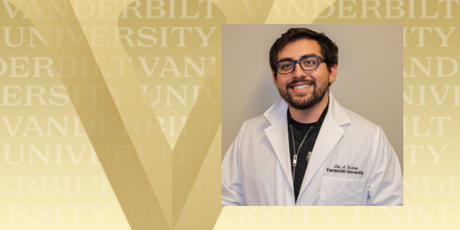 Photo of Alan Hurtado in a white lab coat inset on a gold background with a big Vanderbilt 