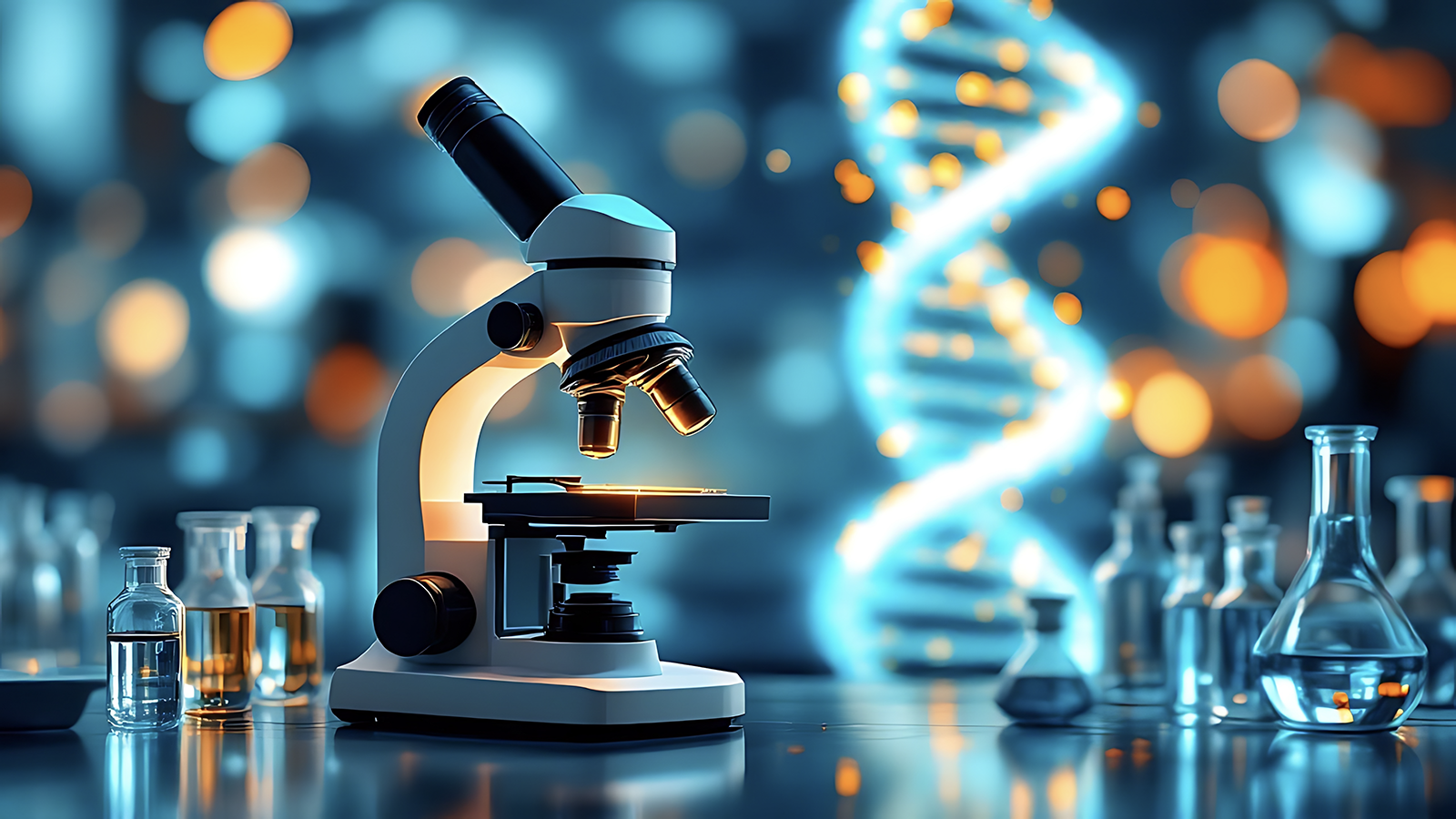 Close-up of a microscope on a background of laboratory equipment and macro image of DNA in an animated style. The concept of innovative medical technology. Adobe Stock image by Din Nasahrudin Generated with AI.