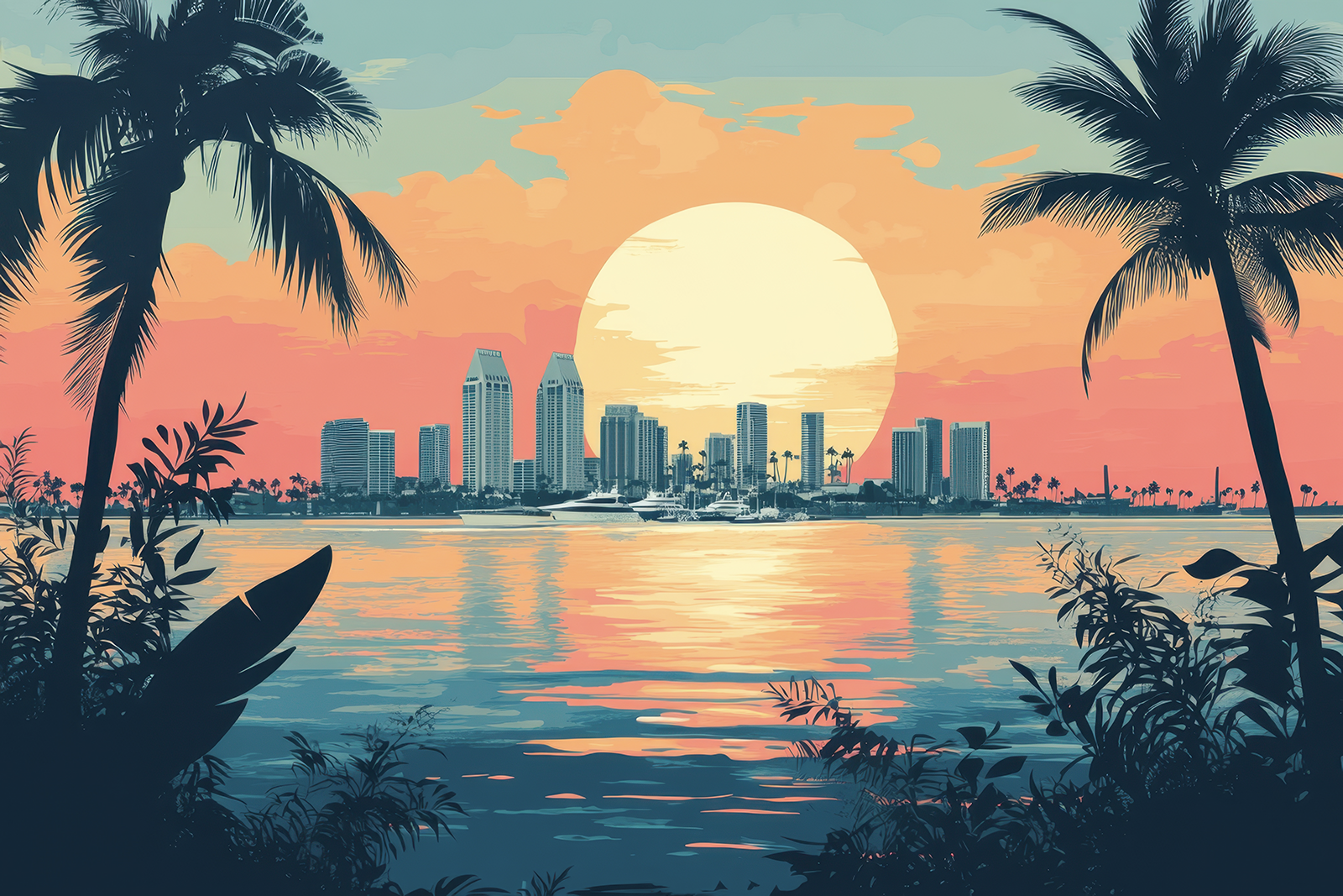 Flat Illustration of San Diego with Beachfront Promenades and Naval Heritage. Adobe Stock image by Kristian Generated with AI.