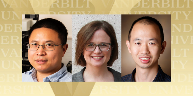 Side-by-side headshots of Guoqiang Gu (left), Emily Hodges (middle), and Ken Lau on a gold background with a Vanderbilt V and the text "Vanderbilt University" on it.