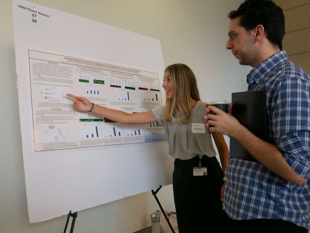 A student discusses their findings to a person standing in front of their poster.