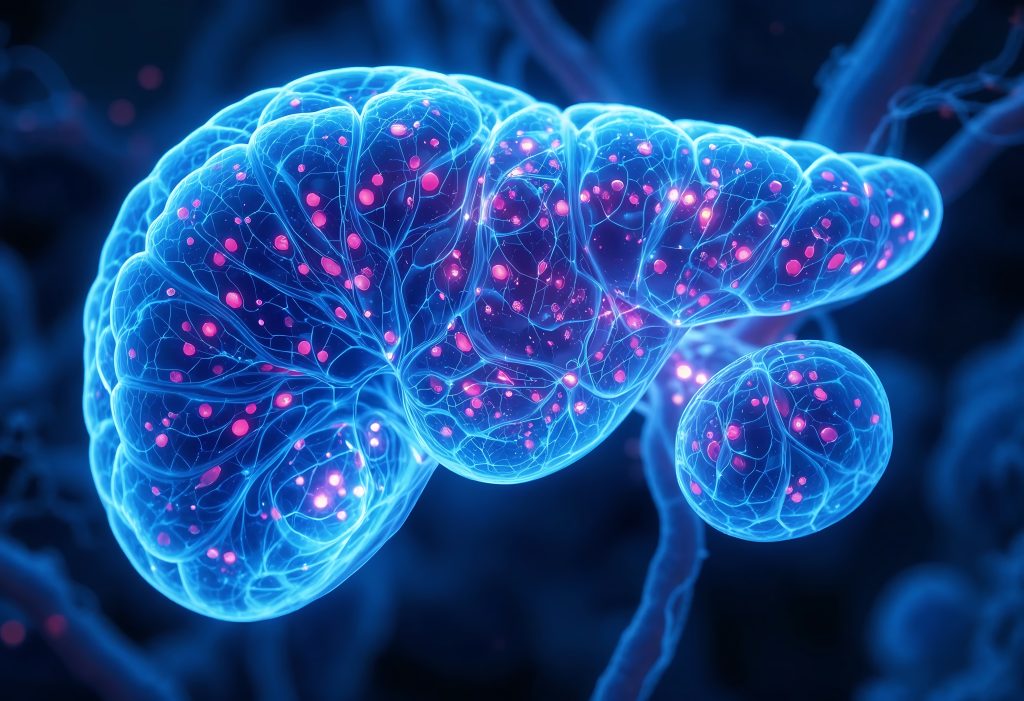 3D graphic of a pancreas, which is shown in translucent blue. There are numerous pink spots all over the pancreas.