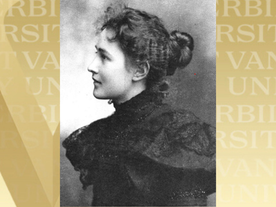 Profile photograph of Maud Menten. Her image is flanked by a gold background.