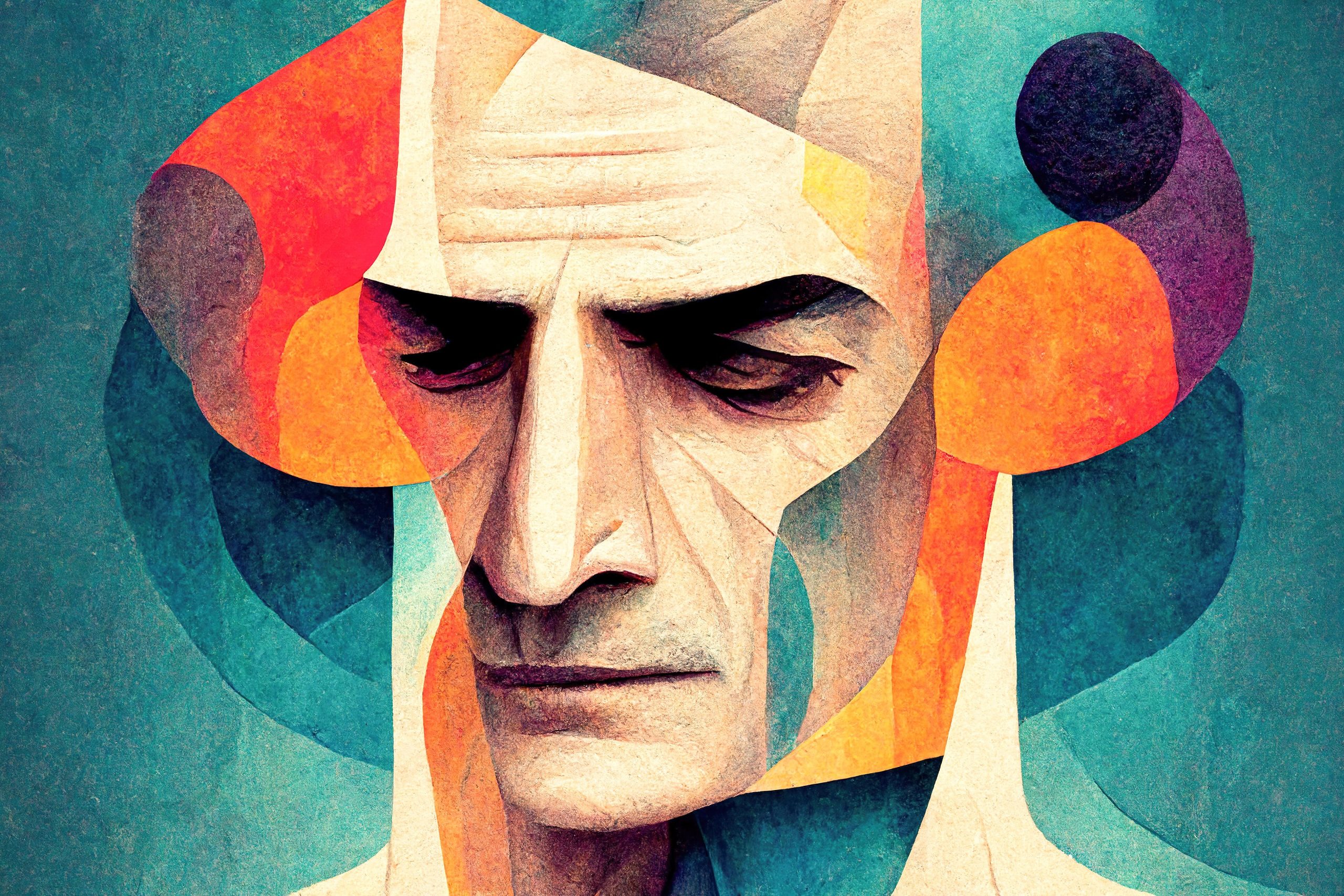 AI-generated graphic of a man's face surrounded by geographic shapes. The image gives the impression of a fractured mind. The predominant colors are green and orange. The man's face is light skinned.