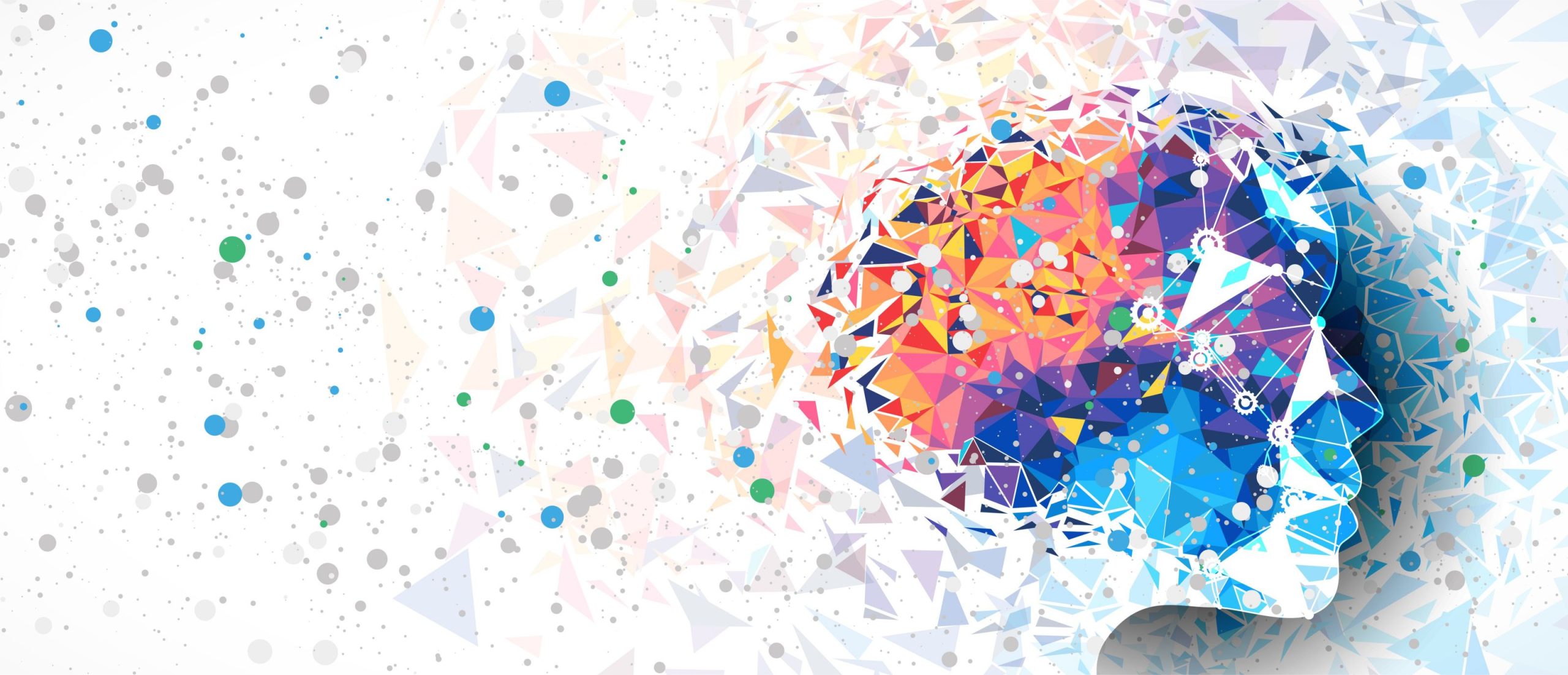 Illustration of a human head made up of blue, orange, and purple geometric shapes and gears.