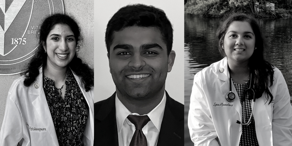 Black and white collage of three medical students, a woman in front of a medical school seal, a man in a tie, and a woman with a stethoscope in front of water