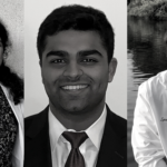 Black and white collage of three medical students, a woman in front of a medical school seal, a man in a tie, and a woman with a stethoscope in front of water