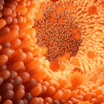 his appears to be a 3D rendering of the lumen of the intestine, with microvilli lining the intestine and small spheres floating around. Everything is colored in shades of orange.