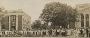 In 1914 students and faculty of George Peabody College for Teachers gather outside the new Home Economics and Industrial Arts buildings.