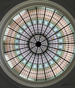 Stained glass ceiling above main staircase