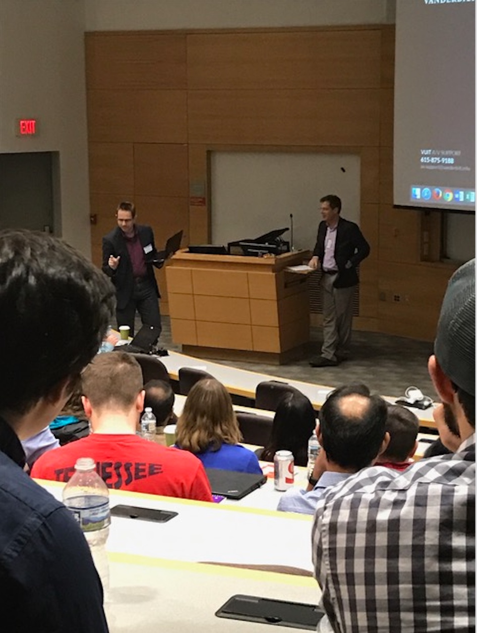 Jens Meiler and James Crowe, Jr. speak to attendees