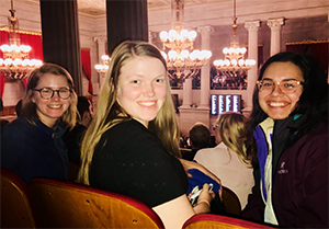 Pictured from left to right: Ryan Driscoll (Department of Health Policy), Maggie McAlexander (Public Policy Studies Major), and Nicole Quinones (Public Health Graduate Student).