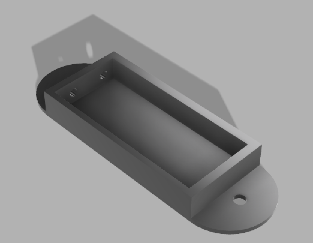 Battery casing version 1. This casing will be attached to the outside of the headset and will hold the battery and monitoring circuit. Future iterations will include a door on the front to provide protection for and access to the battery.