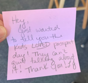 A Thank You note on the Eakin Passport Day from a 2nd grade teacher.