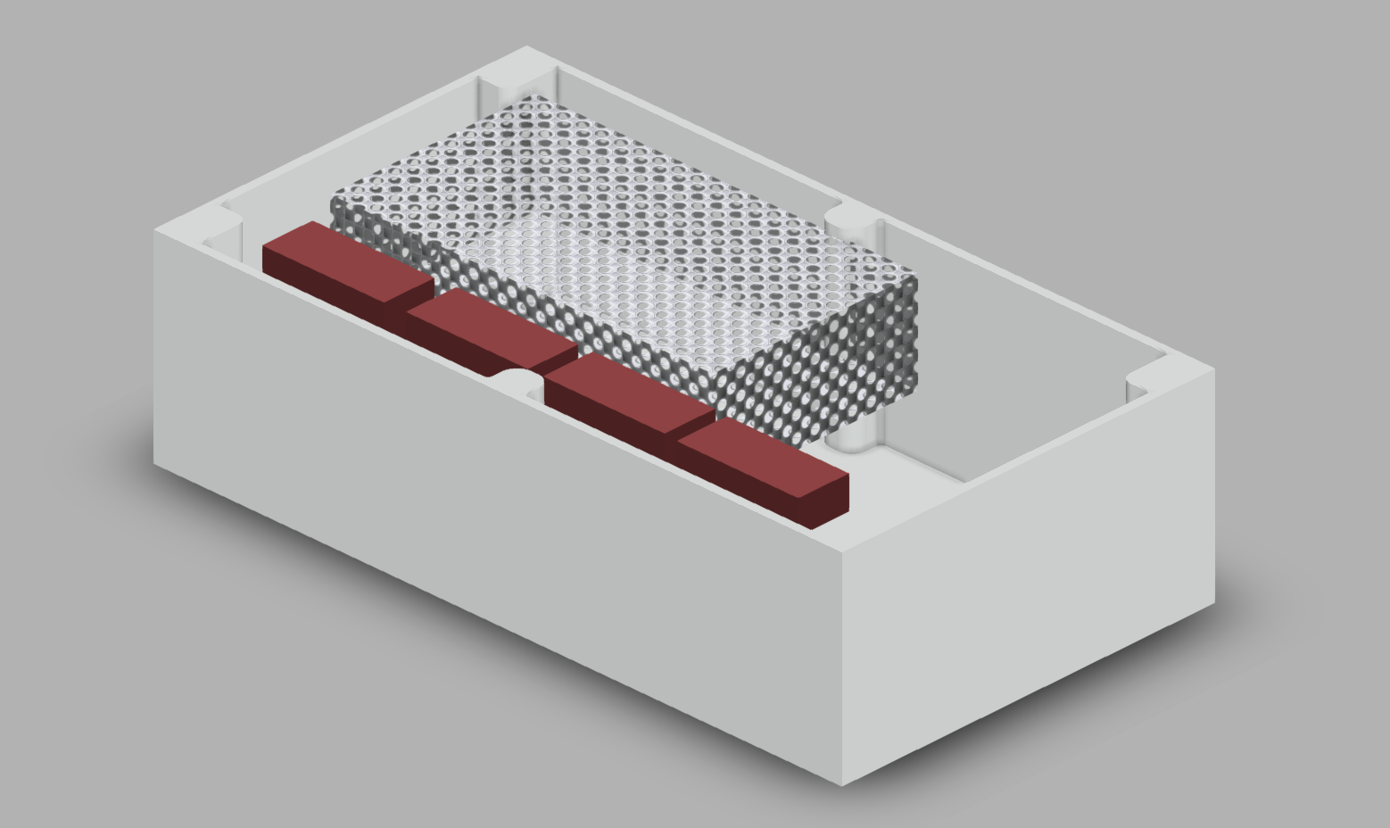 Figure 1. CAD Drawing of Central Housing Design with EZ Driver Containers (Red Boxes) and Power Supply (Grated Box)