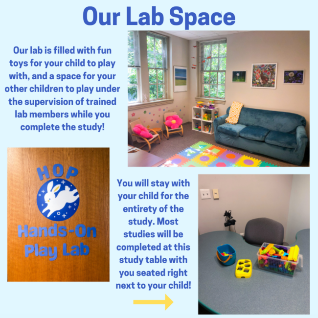 You will stay with your child for the entirety of the study. Most studies will be completed at this study table with your infant on your lap!