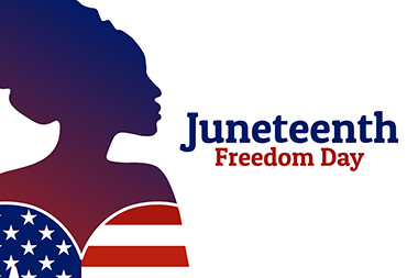 Silhouette of Black female dressed in Stars & Stripes next to the words, "Juneteenth. Freedom Day."