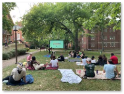 People are sitting in groups on blankets on the lawn with movie snacks. In the background is a large outdoor projection screen with the DVD menu screen for But I'm a Cheerleader.
