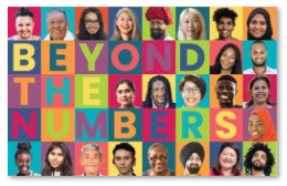 There is a brightly colored grid of faces of People of Color with the words "Beyond the Numbers" in bold colorful text.