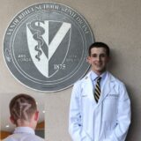 A medical student wears a white coat