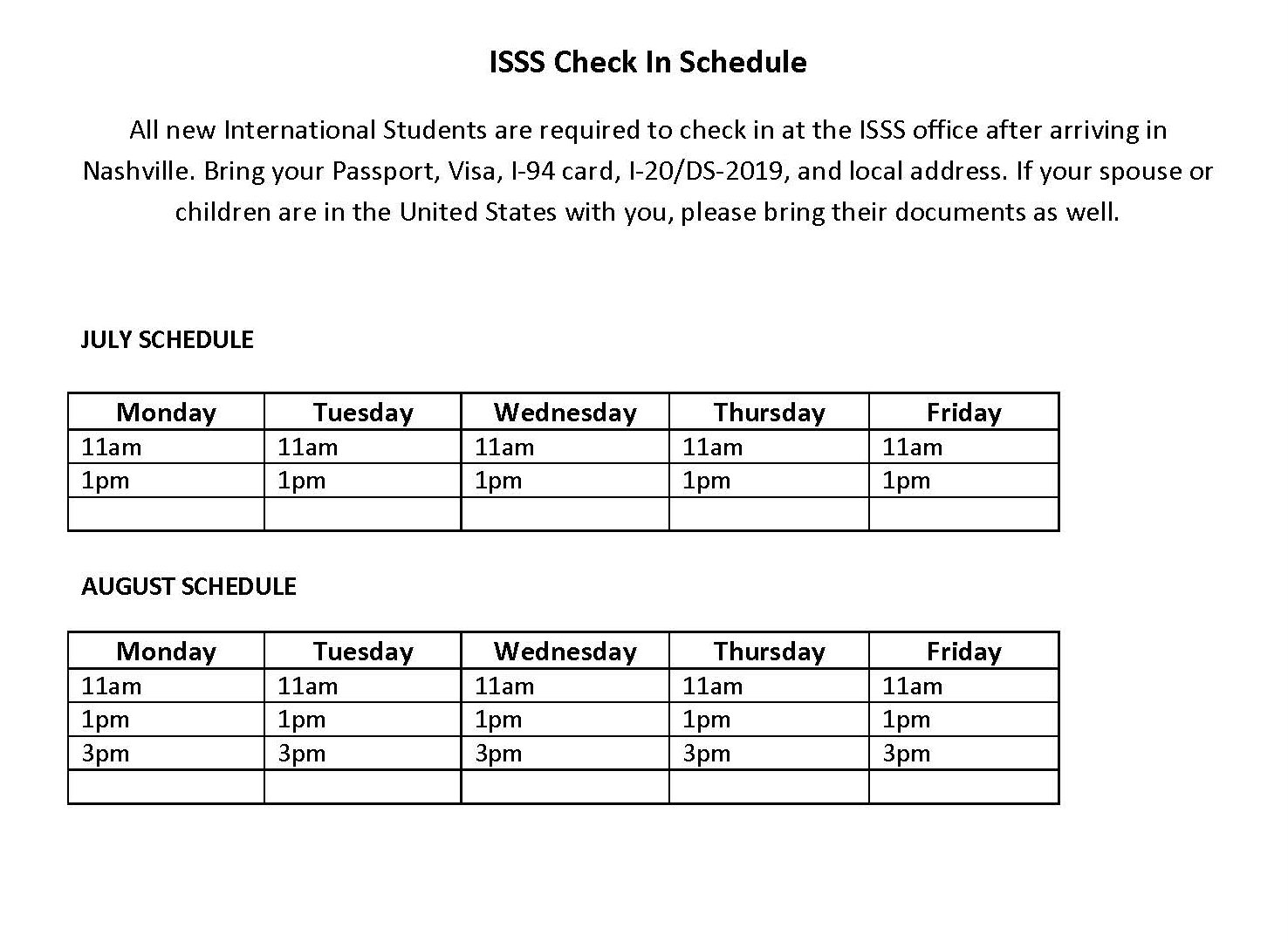 WELCOME PACKET SCHEDULE FOR WEBSITE