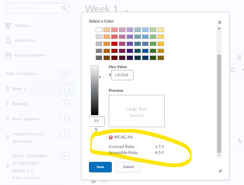 text contrast and color options in Brightspace