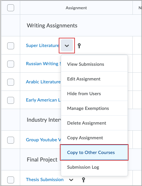 Menu showing different options for assignments including Copy to Other Courses