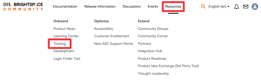 Screenshot of the D2L Brightspace Community website menu with the Resources tab selected and highlighted and the Training link also highlighted. 