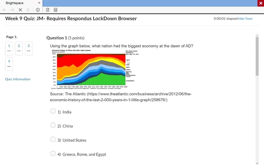A screenshot of a Brightspace quiz using Respondus LockDown Browser.