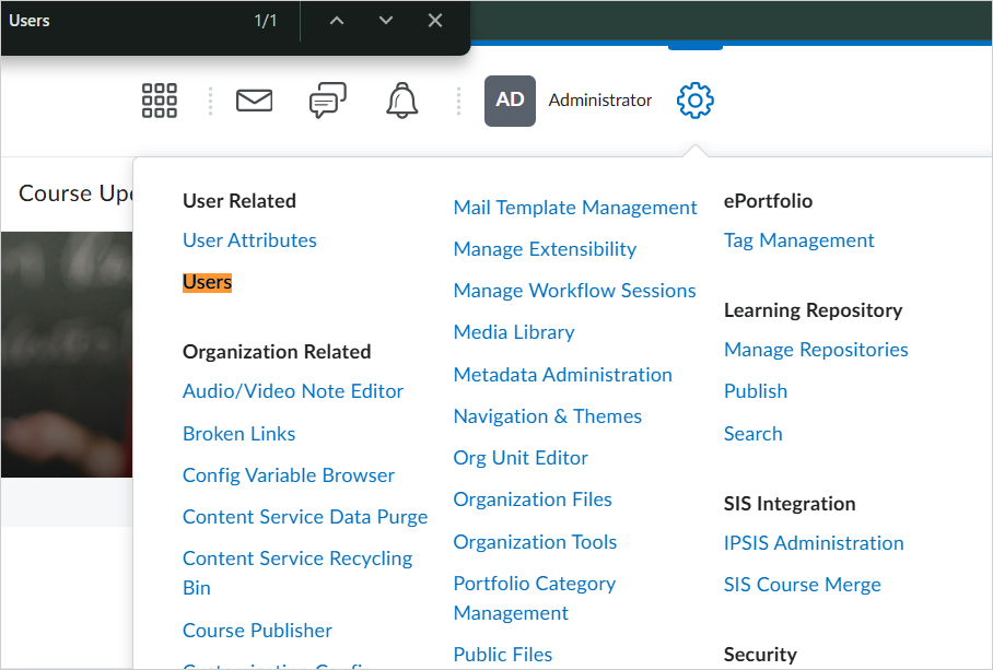 The previous version of the Admin Tools menu. A user is using Ctrl-F to search for the "Users" tool.