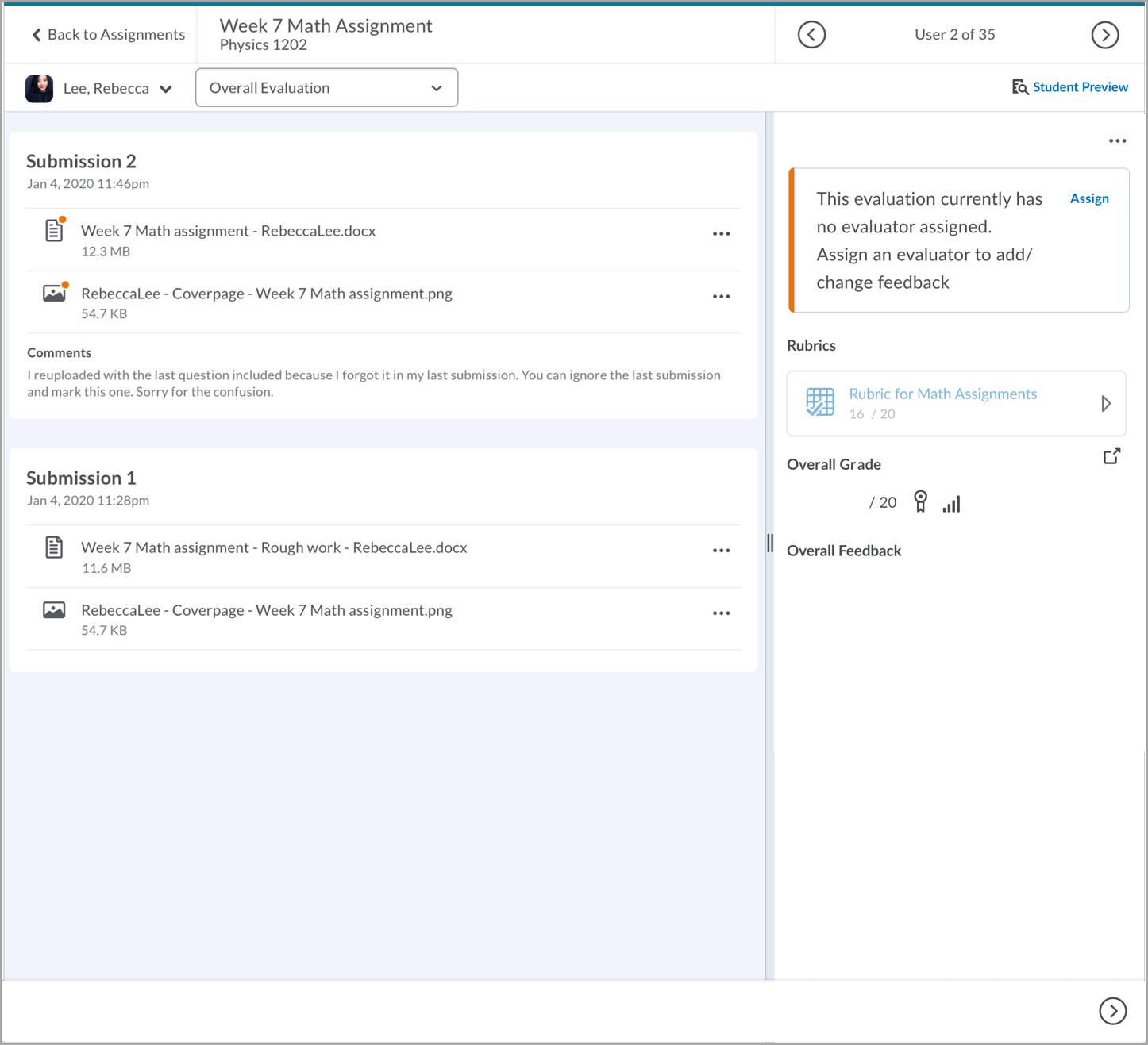 Example of a warning message when an assignment has no assigned evaluator.
