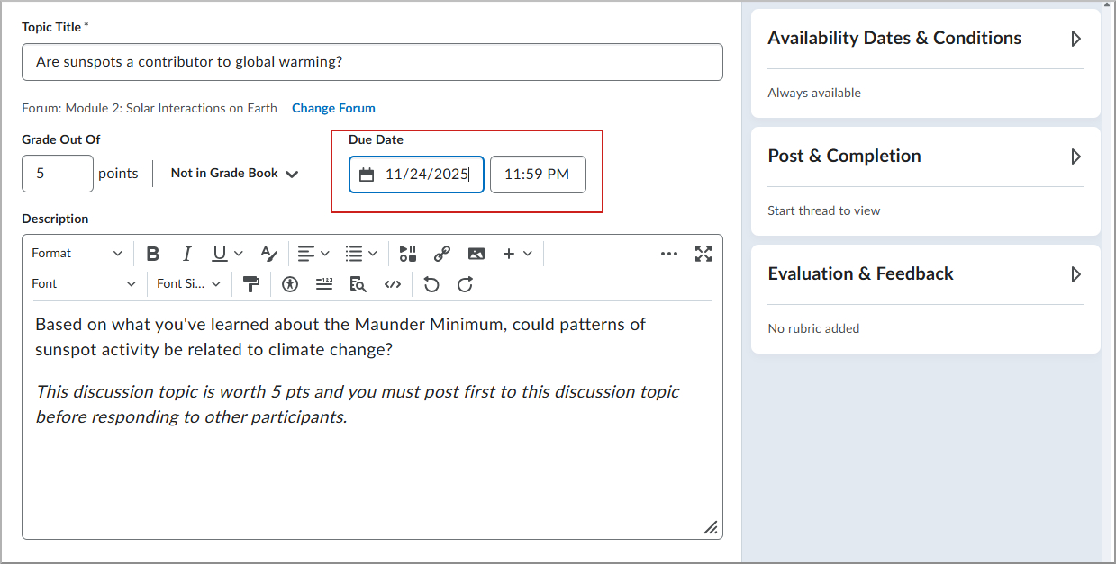 New Topic screen with first post due date highlighted.
