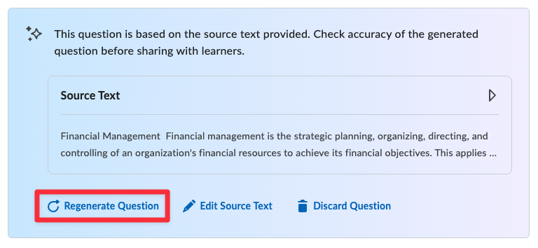 Screen that shows the options to Regenerate Question, Edit Source Text, or Discard Question. The Regenerate Question option is highlighted by a red rectangle.