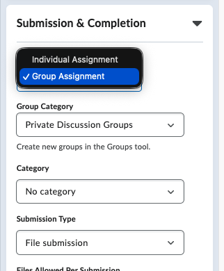 Assignment settings showing the Assignment Type section with Group Assignment selected under Submission and Completion.