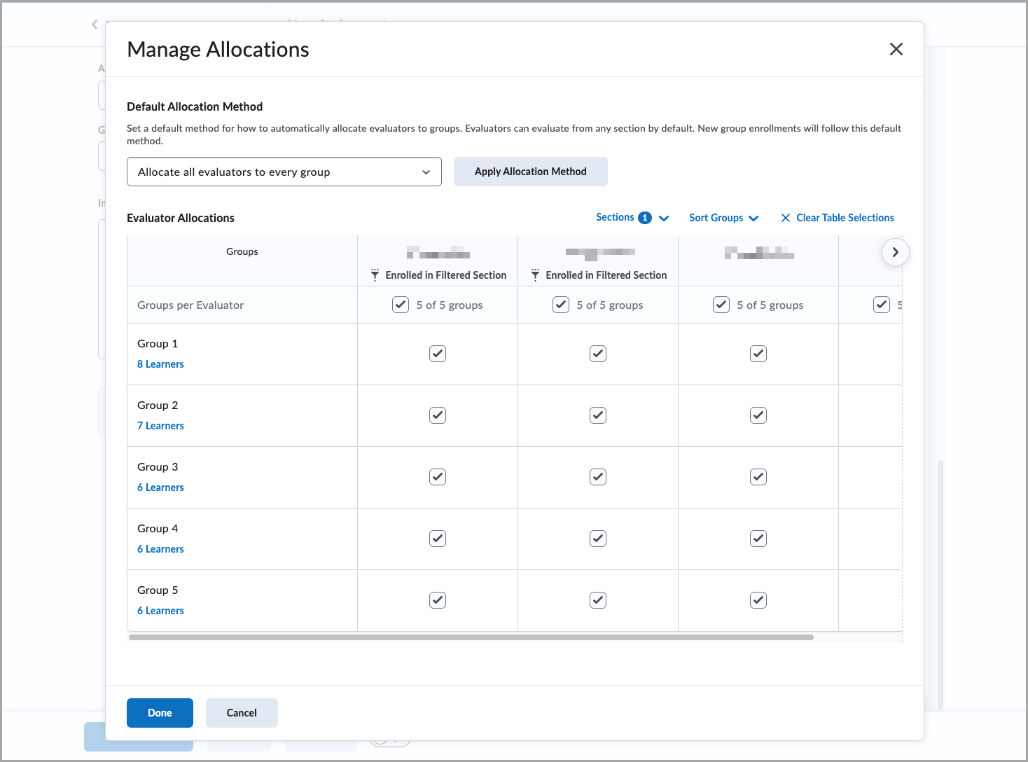 Manage Allocations dialog showing the default allocation method and a table assigning evaluators to multiple learner groups.