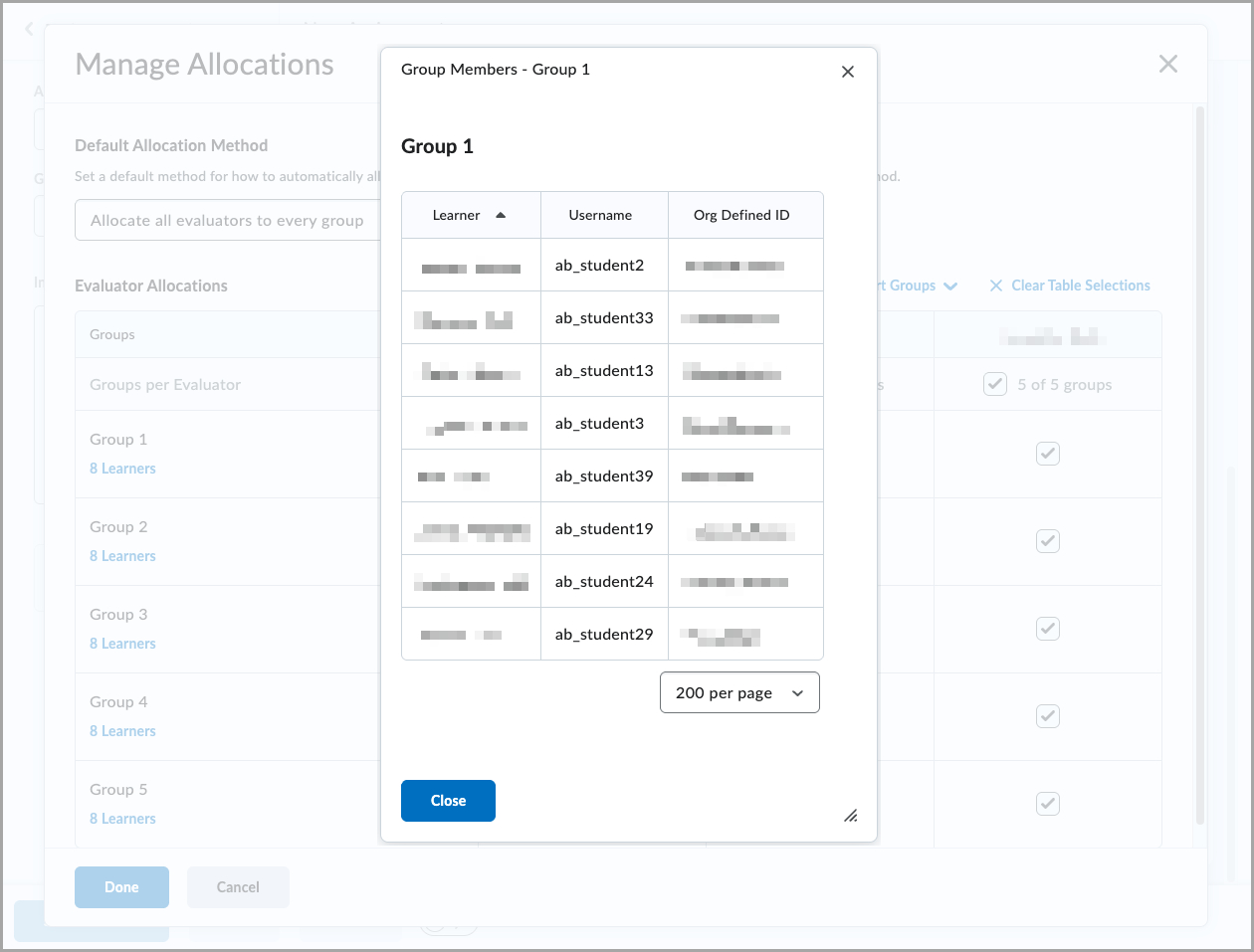 Pop-up window displaying a table of learners with columns for Learner name, Username, and Org Defined ID, with pagination options and a Close button.