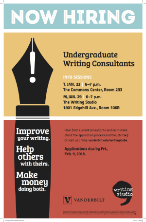 Poster calling for Undergraduates to apply to be Writing Consultants for 2018-2019