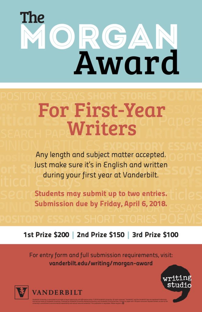 A poster encouraging first-year students to submit their best work for the Morgan Award for First-Year Writers