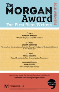 This poster lists the winners of the 2018 Morgan Award for First-Year Writers competition