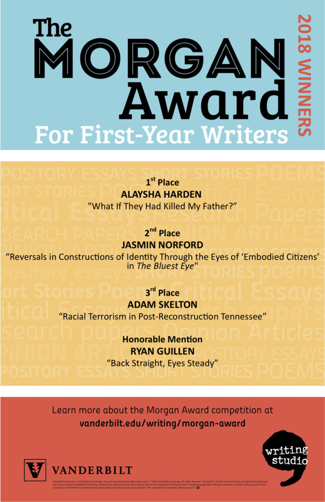 This poster lists the winners of the 2018 Morgan Award for First-Year Writers competition