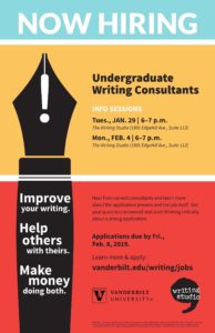Call for Undergraduate Writing Consultant Applications poster Spring 2019