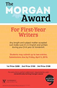 A colorful poster the middle section of which contains background text emphasizing the wide range of writing that can be submitted for the Morgan Award from essays to creative writing.