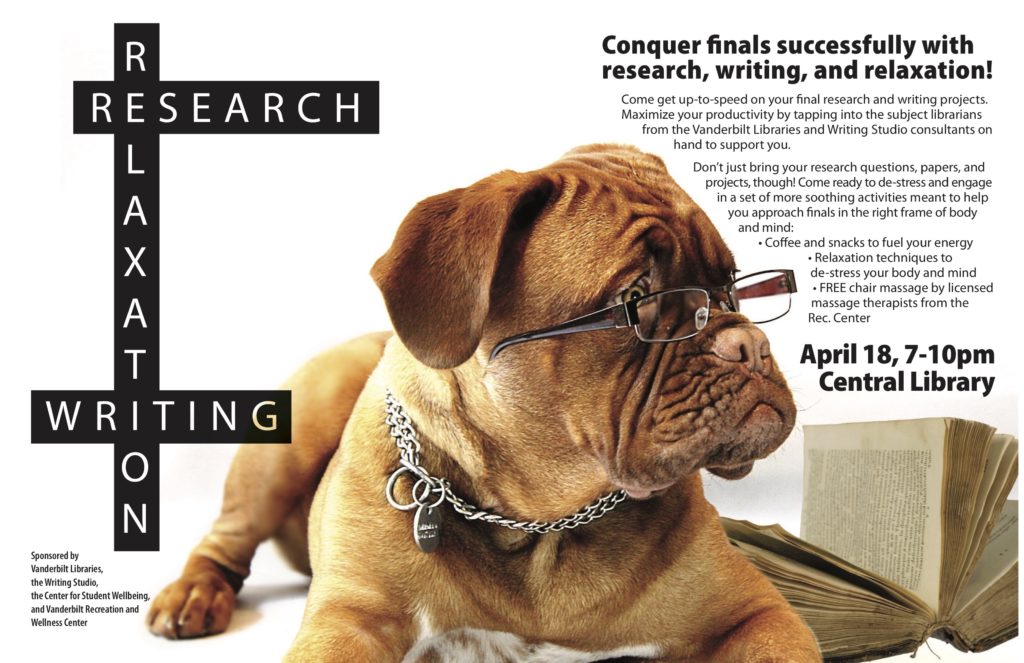 A poster featuring a dog in glasses in the center and details about the Writing, Research, and Relaxation Night event on either side.