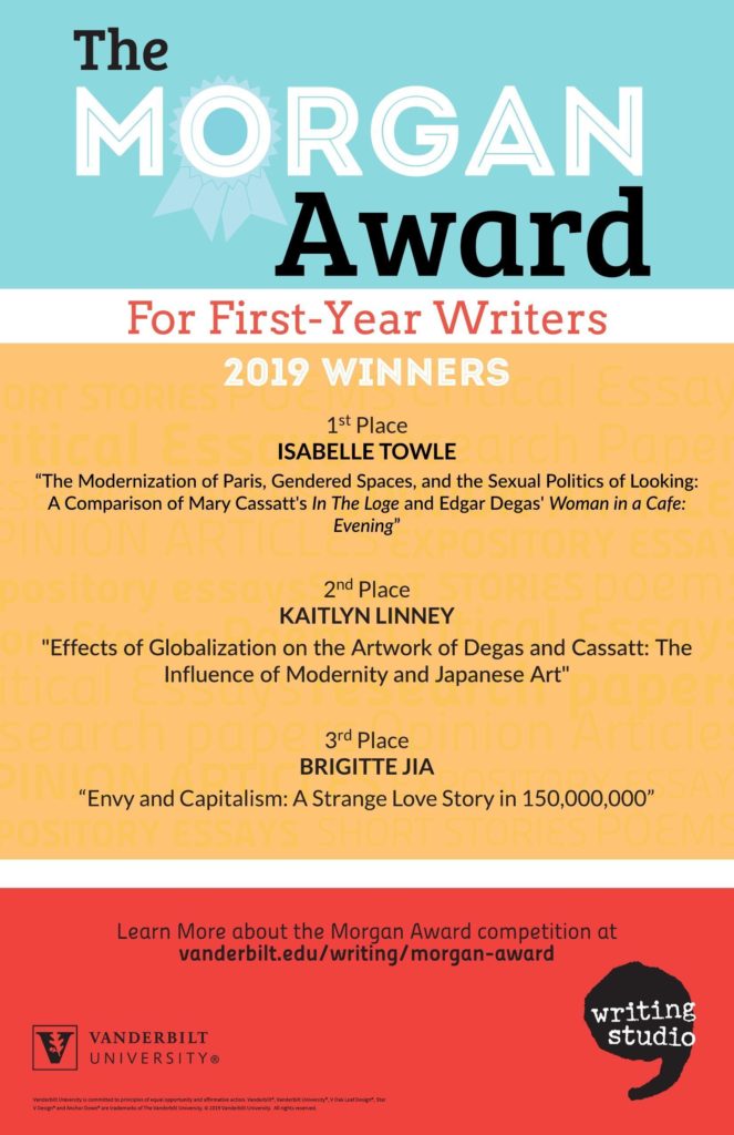 A brightly colored poster listing the first, second, and third place winners of the 2019 Morgan Award competition.