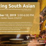 Poster promoting the Writing South Asian event on Tuesday 11/12 5-6pm featuring candles against a dark background on the left and a hands decorated with henna coming together on the right. In the foreground is text about the event itself.
