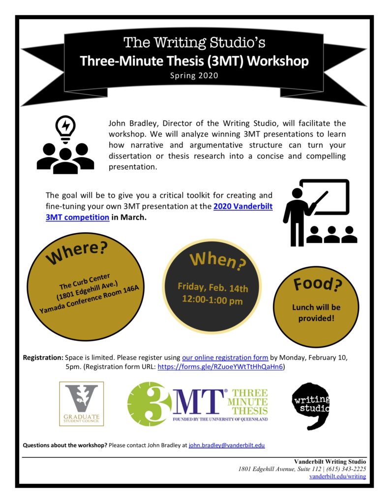 A flyer with a white background, a bonner across the top promotes the Writing Studio's Three-Minute Thesis workshop for Spring 2020. Alternating black and gold circles promote location, time, and that lunch will be provided.